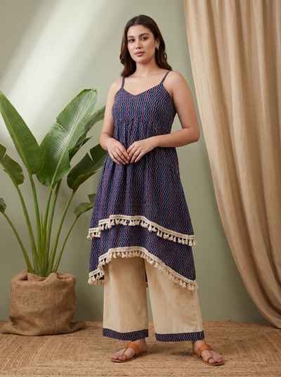 Navy Blue Ethnic Motif Print Shoulder Straps A-Line Kurta With Palazzo Kurta Set