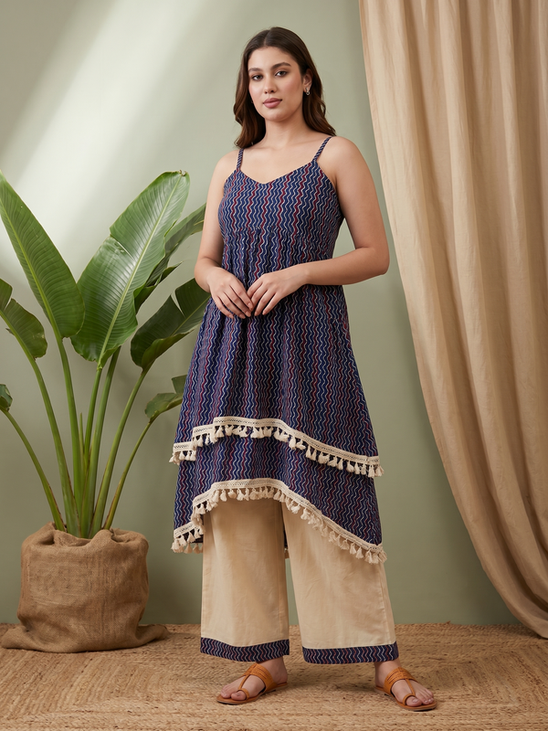 Floral Print Shoulder Straps A-Line Kurta With Palazzo Kurta Set