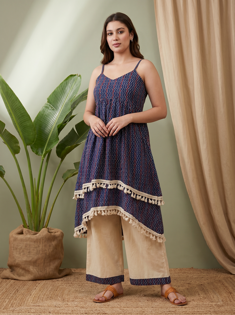 Navy Blue Ethnic Motif Print Shoulder Straps A-Line Kurta With Palazzo Kurta Set