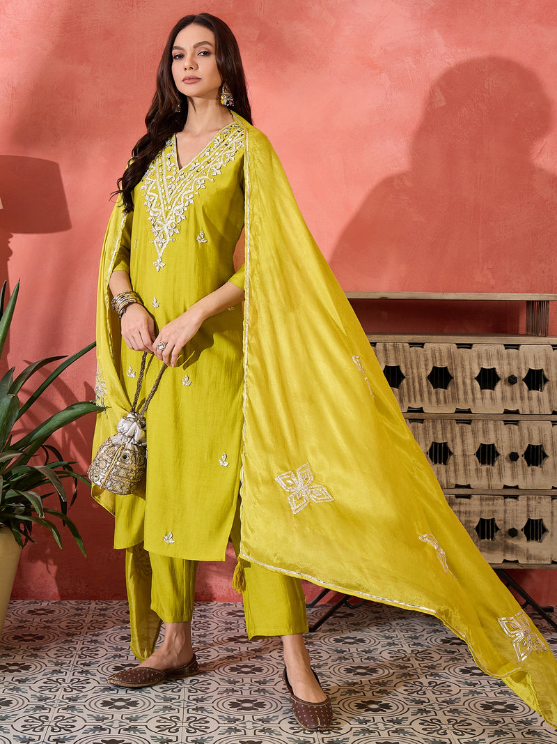 Green Embroidered Gotta Patti Kurta with Trousers & Dupatta Kurta Set