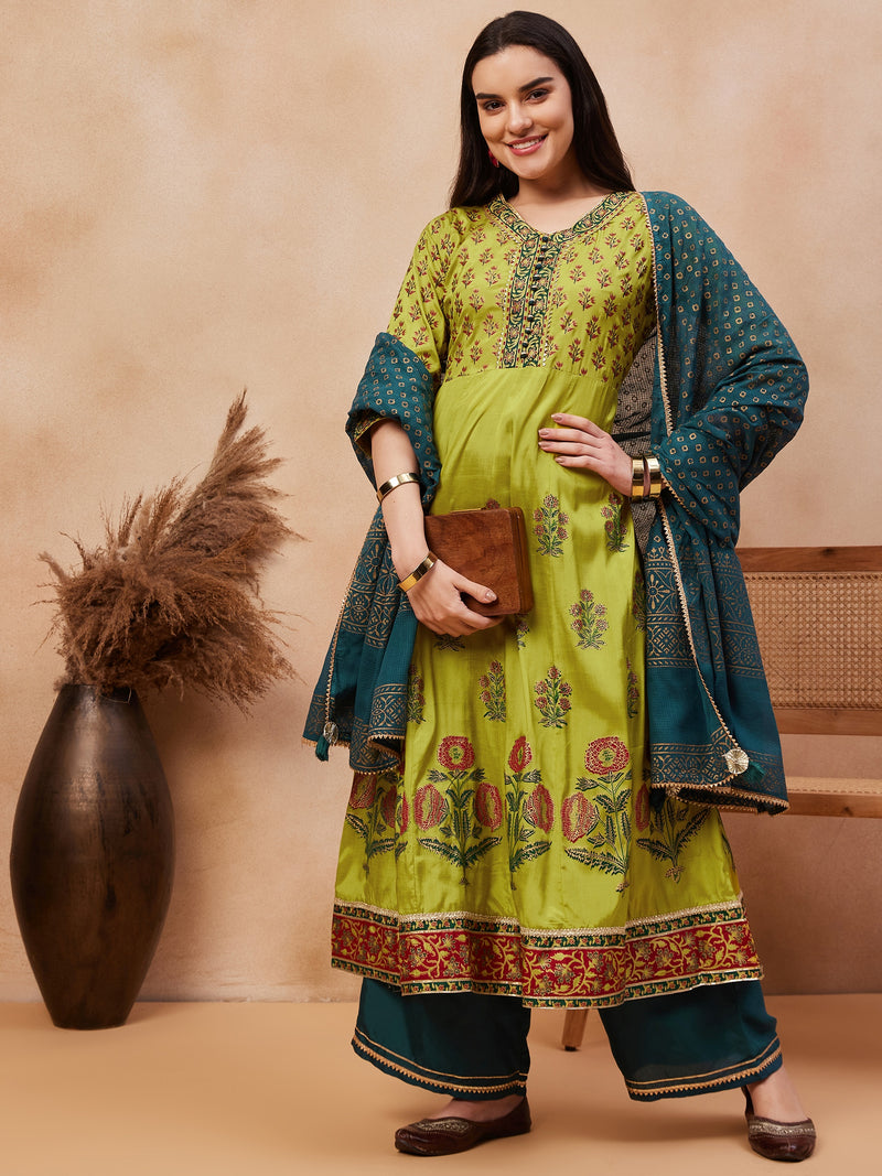 Green Floral Print Anarkali  Kurta with Palazzo & Dupatta Kurta Set