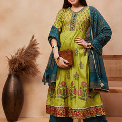 Green Floral Print Anarkali  Kurta with Palazzo & Dupatta Kurta Set