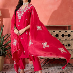 Red Embroidered Gotta Patti Kurta with Trousers & Dupatta Kurta Set