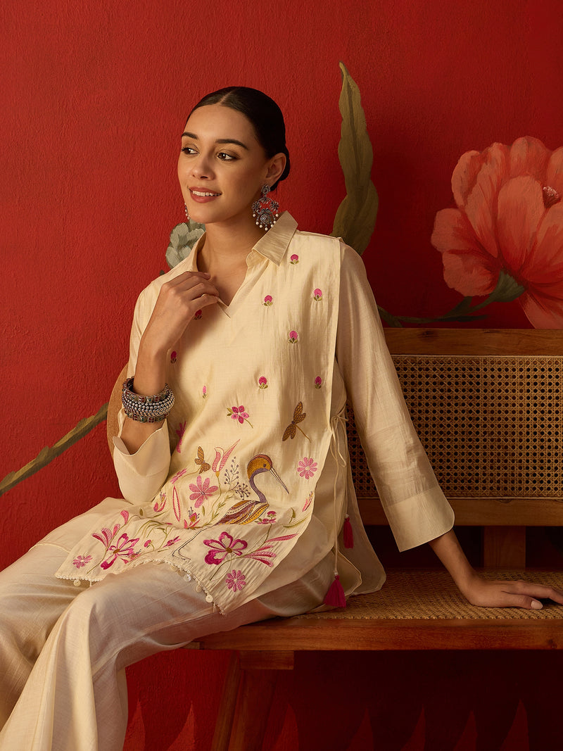 Off White Floral Embroidered & Mirror Work Tunic With Jacket And Trouser Co-Ords Set
