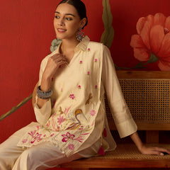 Off White Floral Embroidered & Mirror Work Tunic With Jacket And Trouser Co-Ords Set