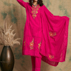 Pink Woven Design Thread Work Detail Pure Cotton Kurta & Trouser With Dupatta