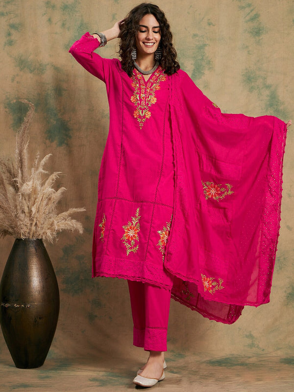 Pink Woven Design Thread Work Detail Pure Cotton Kurta & Trouser With Dupatta