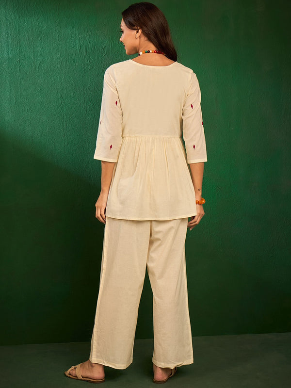 Embroidered Pure Cotton Top With Palazzos Co-Ords