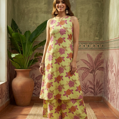 Lime Green Floral Printed Sleeveless A-Line Kurta With Palazzo Kurta Set