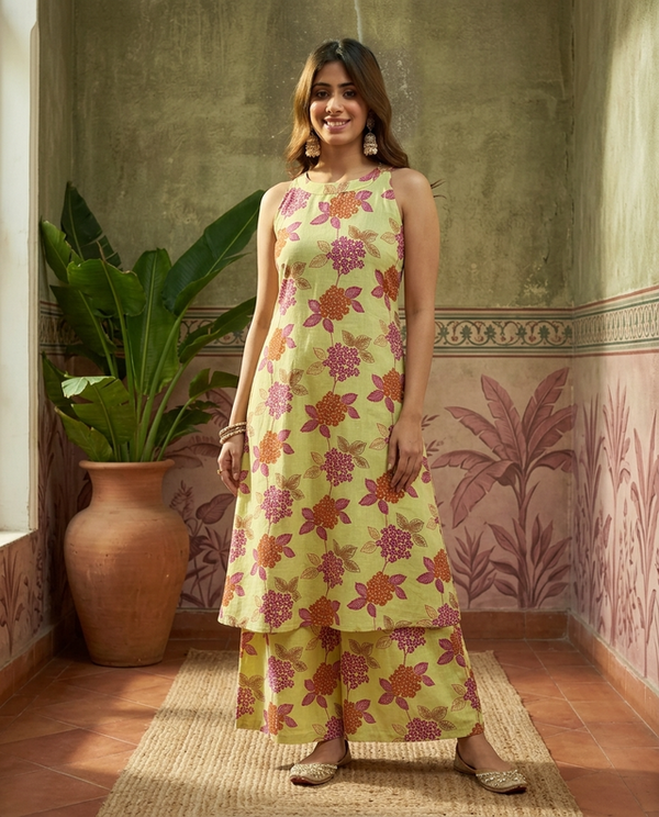 Lime Green Floral Printed Sleeveless A-Line Kurta With Palazzo Kurta Set