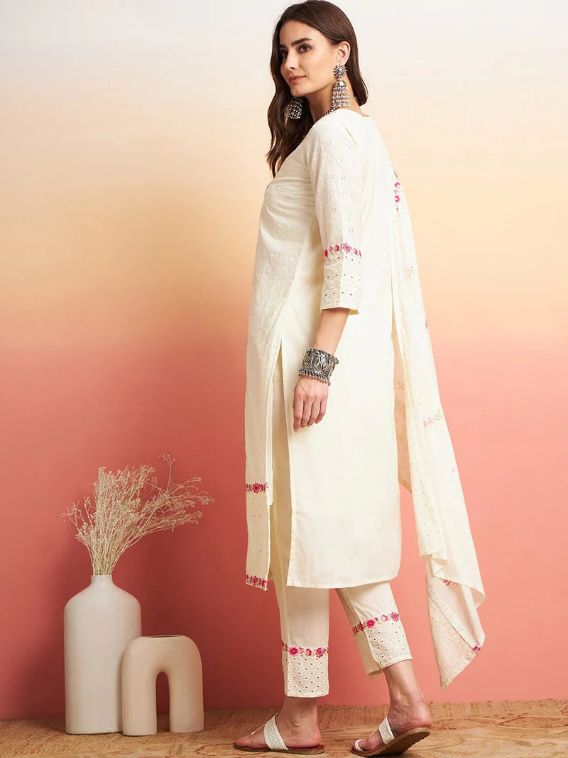 Floral Embroidered Pure Cotton Straight Kurta With Trouser & Dupatta