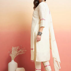 Floral Embroidered Pure Cotton Straight Kurta With Trouser & Dupatta
