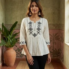 Off White Green Pure Cotton Ethnic Motifs Embroidered A-Line Short Kurti