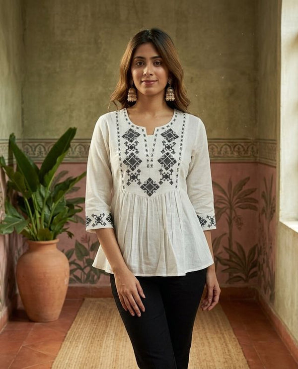 Off White Green Pure Cotton Ethnic Motifs Embroidered A-Line Short Kurti