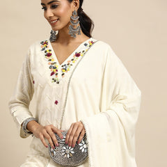 Off White Embroidered  Pure Cotton Kurta with Trousers & Dupatta