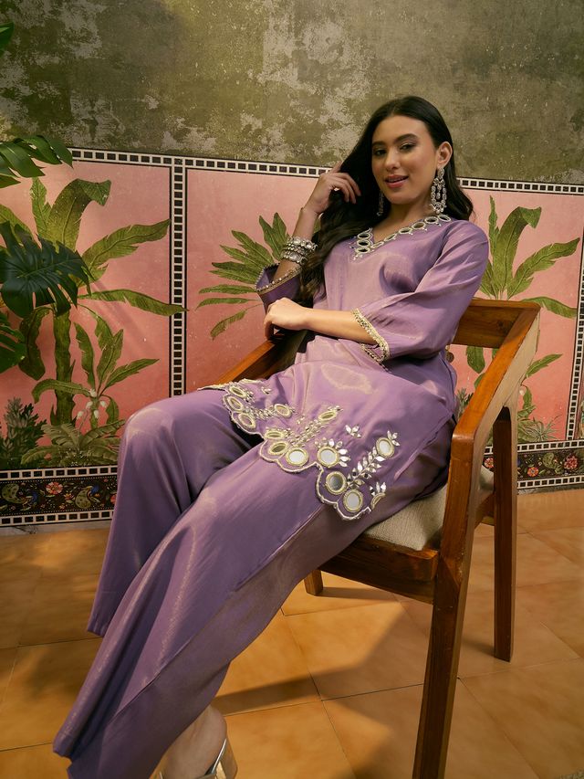 Purple Embroidered & Mirror Work Straight Tunic  With Trousers Co-Ords Set