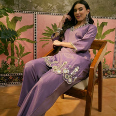 Purple Embroidered & Mirror Work Straight Tunic  With Trousers Co-Ords Set