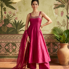 Maroon Mirror Work Sholder Strap Kurta With Trouser & Dupatta