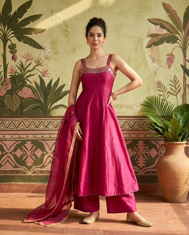 Maroon Mirror Work Sholder Strap Kurta With Trouser & Dupatta