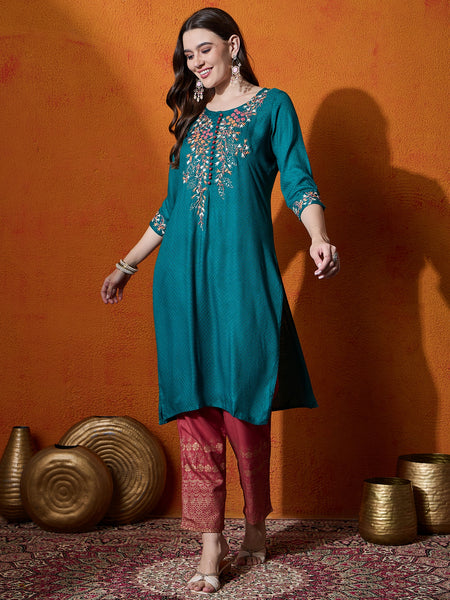 Floral Embroidered Straight Kurta With Trouser