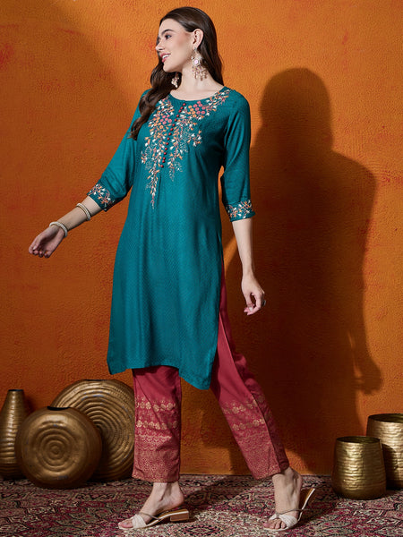 Floral Embroidered Straight Kurta With Trouser