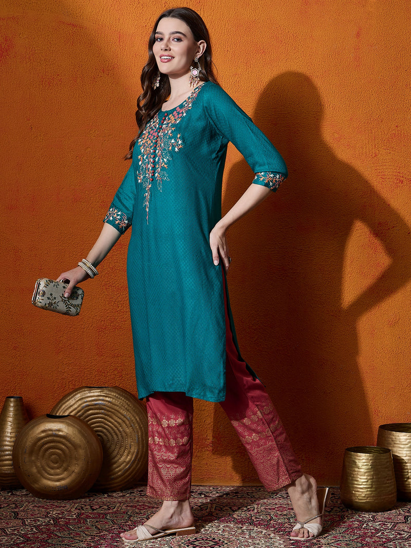 Floral Embroidered Straight Kurta With Trouser