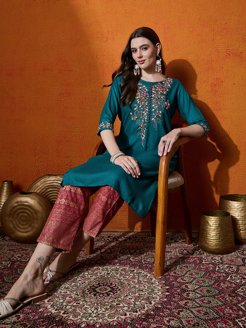 Floral Embroidered Straight Kurta With Trouser