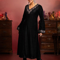 Black Embroidered Yoke Design Velvet Straight Kurta With Trousers & Dupatta Kurta Set