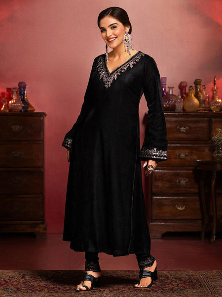 Black Embroidered Yoke Design Velvet Straight Kurta With Trousers & Dupatta Kurta Set