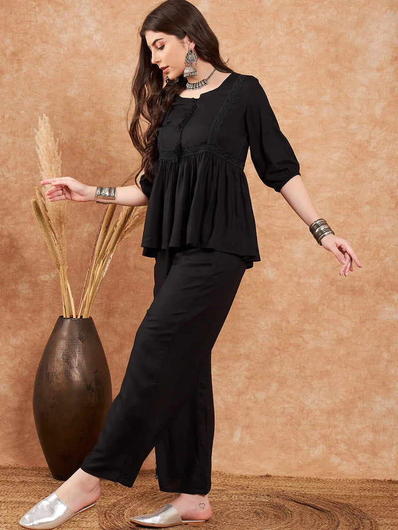 Embellished Lace Up Detail Top & Palazzo Co-Ords Set