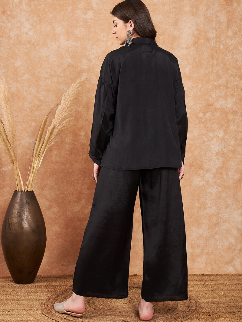 Embroidered Viscose Silk Oversized Shirt With Palazzo Co-Ords
