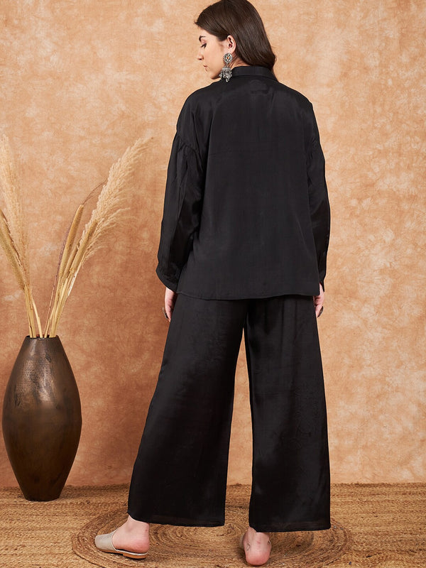 Embroidered Viscose Silk Oversized Shirt With Palazzo Co-Ords