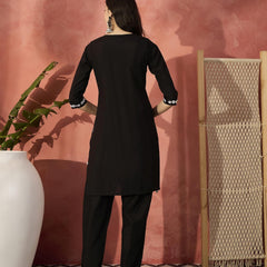 Black And White Mirror Work Round Neck Tunic With Trousers