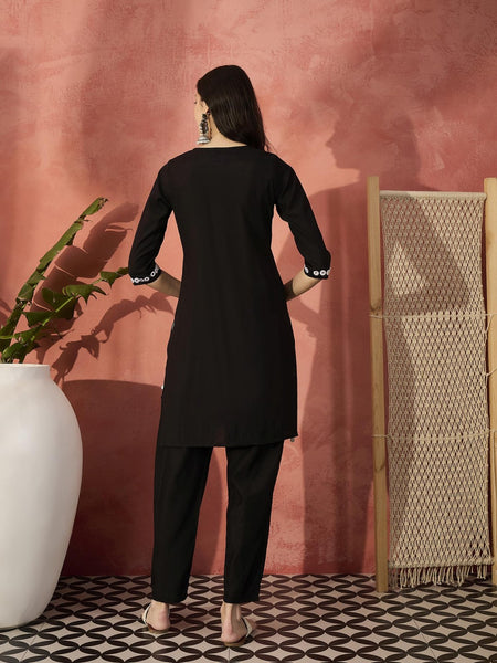 Black And White Mirror Work Round Neck Tunic With Trousers