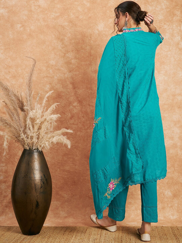 Blue Woven Design Thread Work Detail Pure Cotton Kurta & Trouser With Dupatta