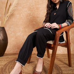Black Ethnic Motifs Embroidered Pathani Kurta With Salwar