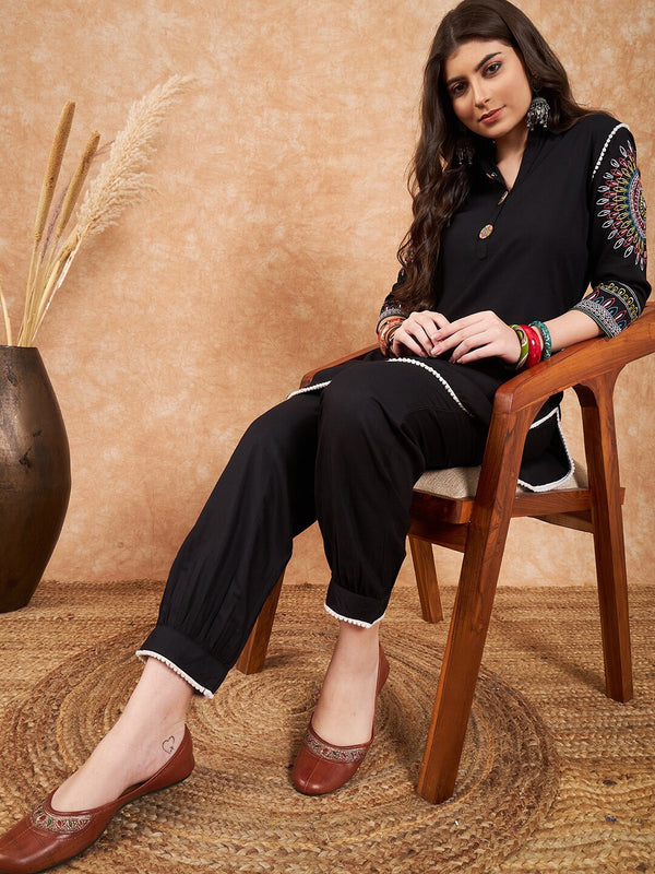 Black Ethnic Motifs Embroidered Pathani Kurta With Salwar