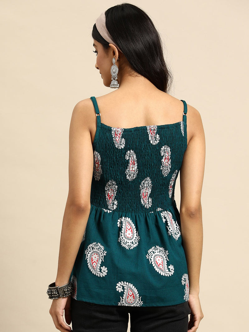 Ethnic Motifs Printed Smocked Cotton A-Line Top