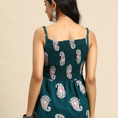 Ethnic Motifs Printed Smocked Cotton A-Line Top
