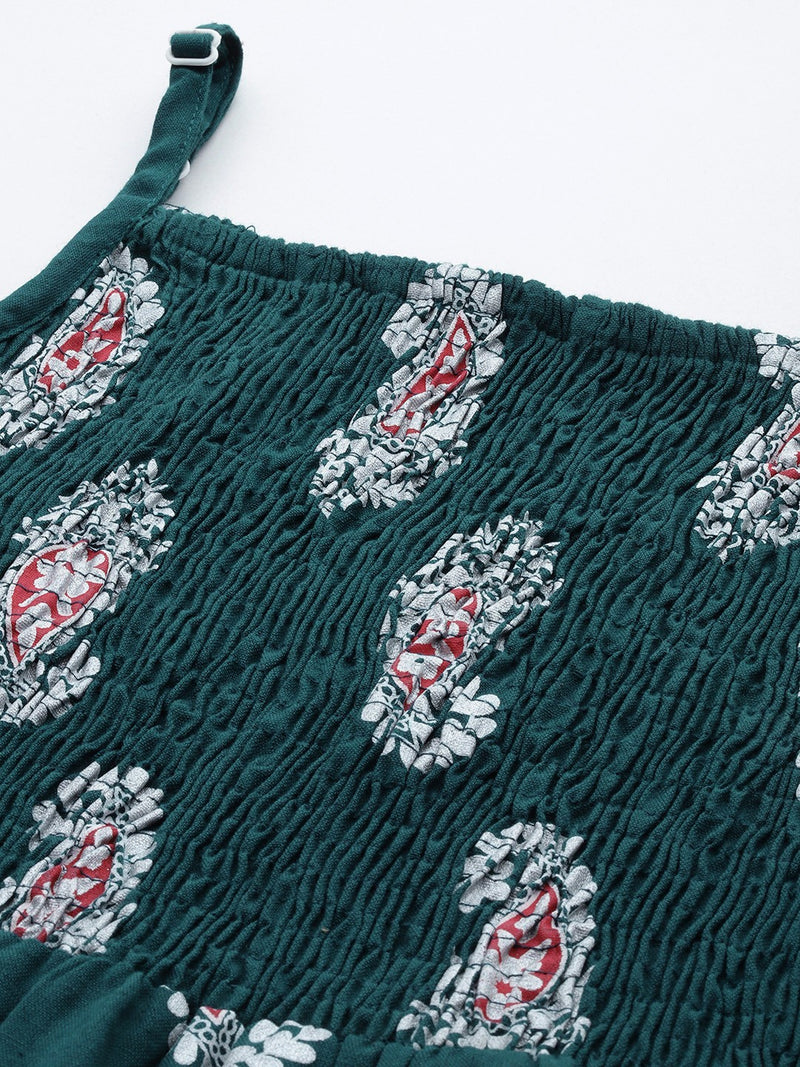 Ethnic Motifs Printed Smocked Cotton A-Line Top