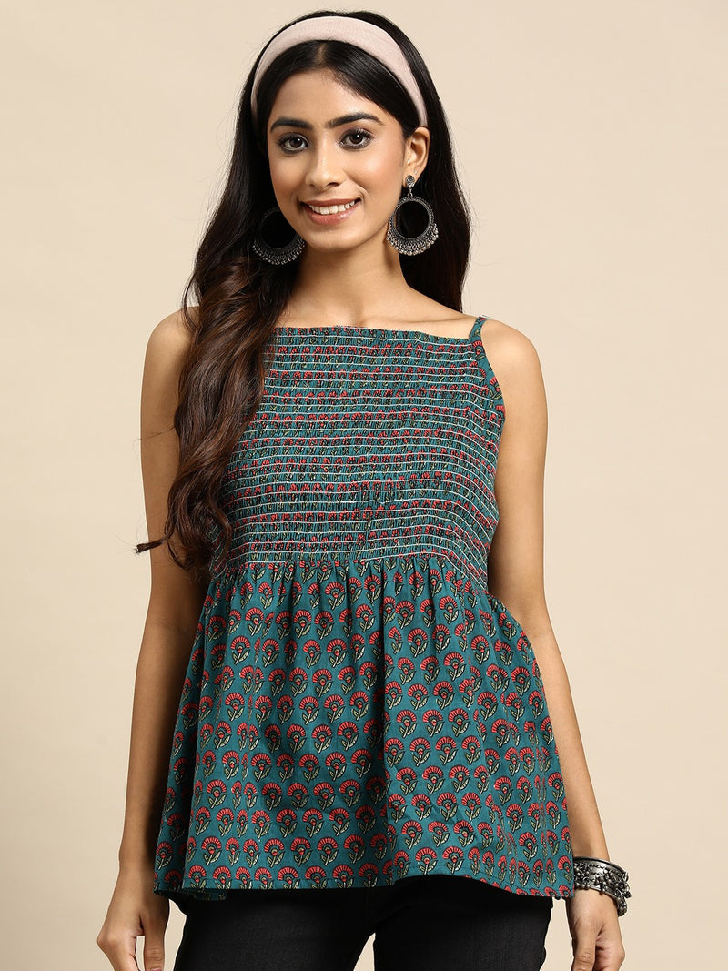 Floral Printed Smocked Cotton A-Line Top
