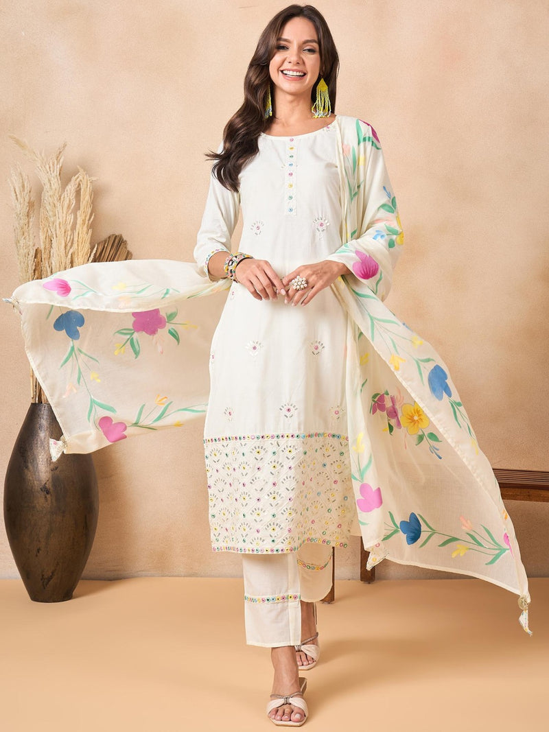 Floral Embroidered Pure Cotton Kurta With Trousers And Dupatta