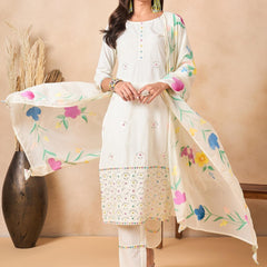 Floral Embroidered Pure Cotton Kurta With Trousers And Dupatta