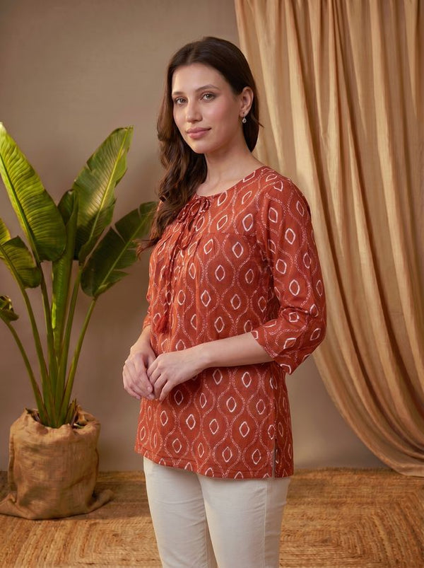 Rust Folka Dots Print Straight Kurtis