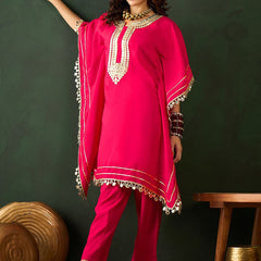 Fuchsia Geometric Embroidered Round Neck Mirror Work Kaftan With Trousers