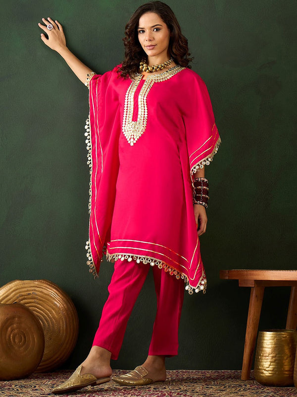 Fuchsia Geometric Embroidered Round Neck Mirror Work Kaftan With Trousers
