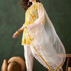 Floral Printed Mirror Work Pure Cotton Kurta With Dhoti Pant & Dupatta