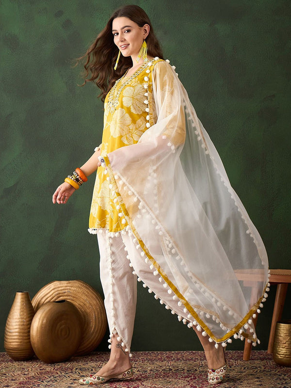 Floral Printed Mirror Work Pure Cotton Kurta With Dhoti Pant & Dupatta