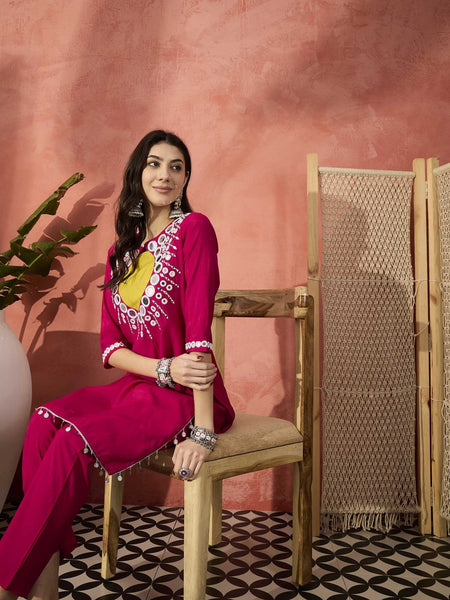 Red And White Mirror Work Round Neck Tunic With Trousers