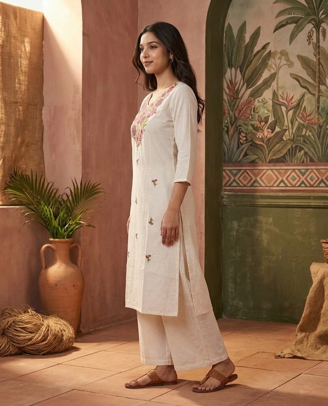 Floral Embroidered Thread Work Straight Kurta With Trousers
